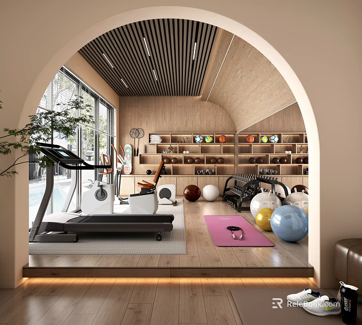 Home Gym Interior Featuring Fitness Equipment And Arch Design 3d model 