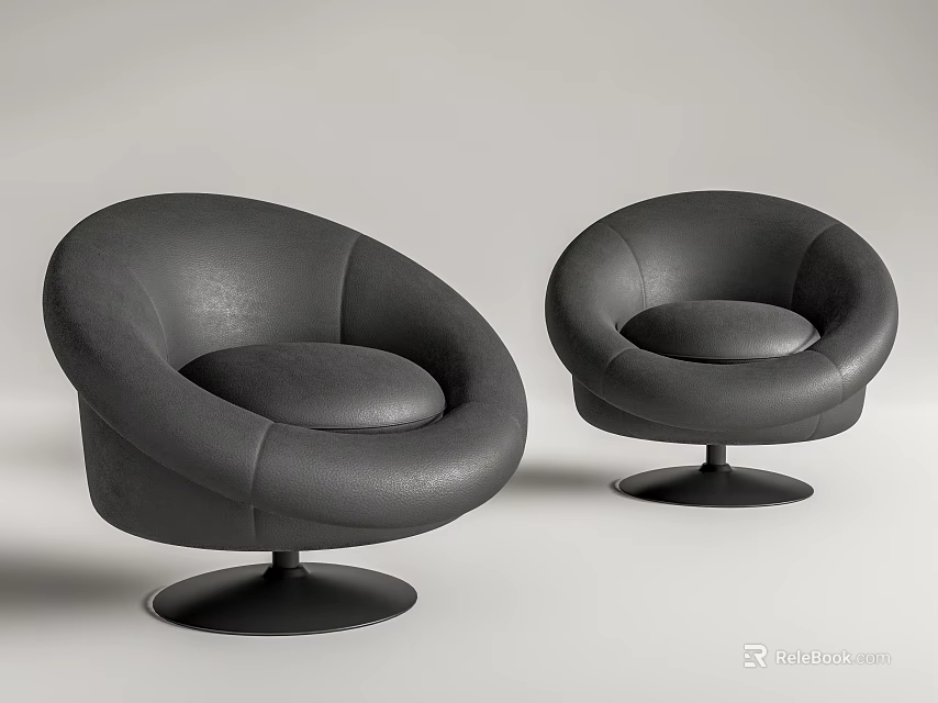 Stylish Black Single Sofa With Round Leather Design And Circular Base 3d model 