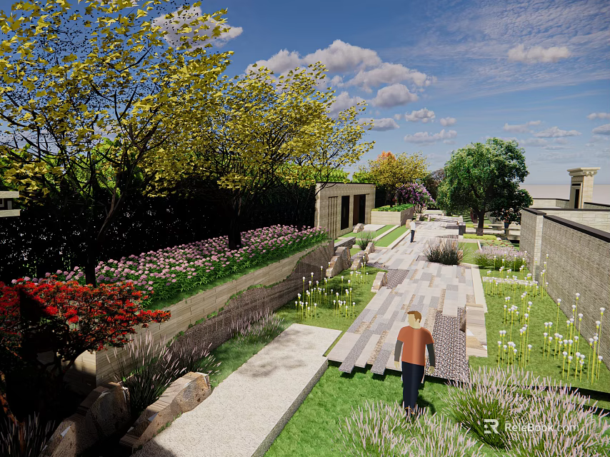 Serene Garden Landscape With Stone Pathway Lush Greenery Colorful Flowers And Visitor Walking 3d model 