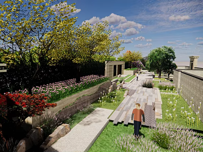 Serene Garden Landscape With Stone Pathway Lush Greenery Colorful Flowers And Visitor Walking 3d model