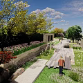 Serene Garden Landscape With Stone Pathway Lush Greenery Colorful Flowers And Visitor Walking