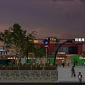 Vibrant Commercial Street With Outdoor Dining Areas Neon Signs Pedestrians Trees And Evening Lights