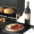 Outdoor Black Grill with Burgers Sausages and Bread Wine Bottle Firewood and Cooking Utensils
