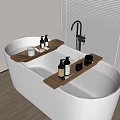 Modern White Bathtub With Wooden Trays Bath Products And Chrome Faucet
