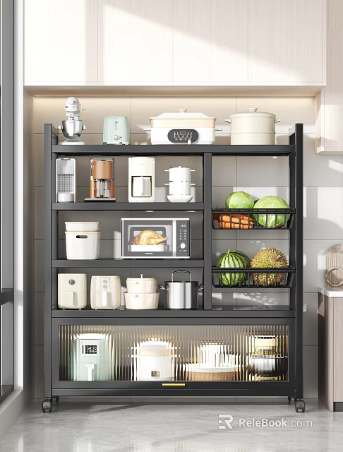 Black Kitchen Cabinet With Appliances And Fruit Baskets 3d model 