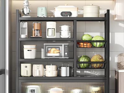 Black Kitchen Cabinet With Appliances And Fruit Baskets 3d model