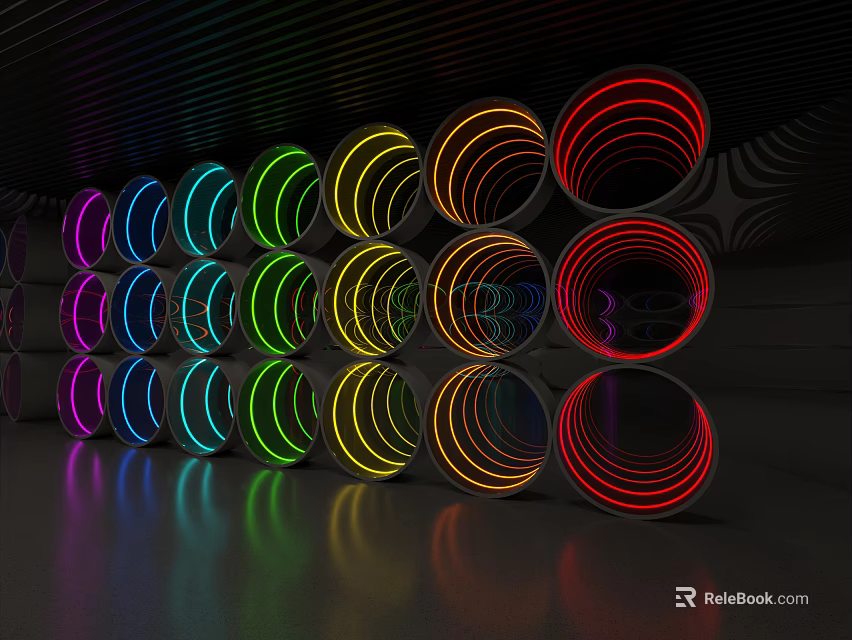 Circular Mirrors Surrounded by Colorful Neon Lights Neatly Arranged with Black Background and Reflections 3d model 