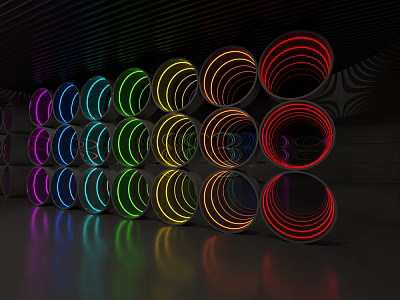 Circular Mirrors Surrounded by Colorful Neon Lights Neatly Arranged with Black Background and Reflections 3d model