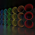Circular Mirrors Surrounded by Colorful Neon Lights Neatly Arranged with Black Background and Reflections