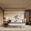 Japanese Style Bedroom Interior With Wooden Decor Mountain Painting Hanging Lamp Nightstands Bench Large Windows