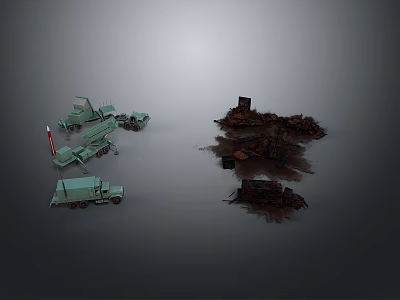 Military Tank Surrounded By Green Vehicles And Broken Battlefield Remains 3d model