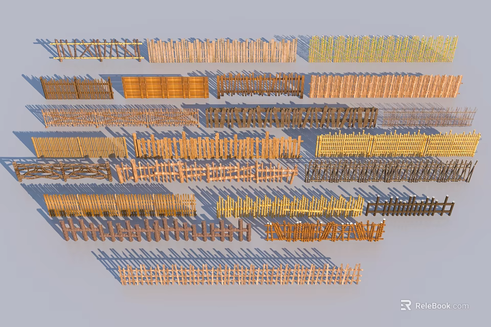 Assorted Fence Designs Featuring Wooden and Metal Styles in Various Patterns 3d model 