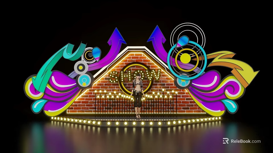Colorful Stage Design With Brick Wall SUN Sign Arrows Circles Waves And Lights 3d model 