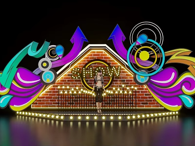 Colorful Stage Design With Brick Wall SUN Sign Arrows Circles Waves And Lights 3d model