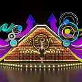 Colorful Stage Design With Brick Wall SUN Sign Arrows Circles Waves And Lights