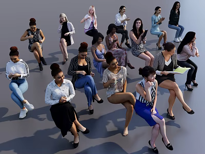 Women Sitting in Various Poses Holding Smartphones and Documents with Diverse Styles 3d model