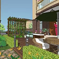 Beautiful Courtyard Garden with Wooden Deck Outdoor Furniture Umbrella Green Plants Flowers and Building Entrance