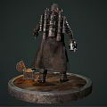 Man in Metal Armor Holding Scythe With Open Treasure Chest Standing On Circular Wooden Platform