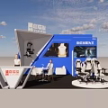 Exhibition Booth With Blue Structure Red Triangle Decoration Gaming Chairs Display Screens And Tables