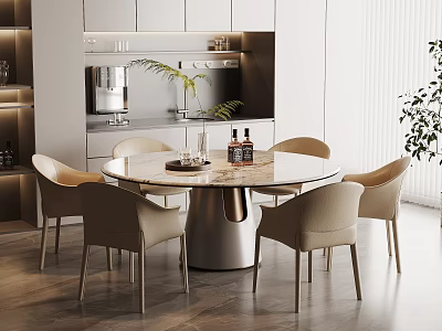 Elegant Modern Round Dining Table Set With 4 Beige Chairs Marble Tabletop And Metal Base 3d model