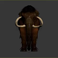 Red Fur Mammoth With Black Mane And Long White Tusks On Gray Background