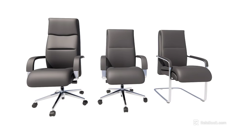 Modern Leather Office Chairs Featuring Three Different Designs Swivel Wheels and Fixed Base 3d model 