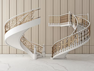Luxurious Spiral Staircase Interior With Wooden Wall White Steps Golden Railings And Marble Floor 3d model