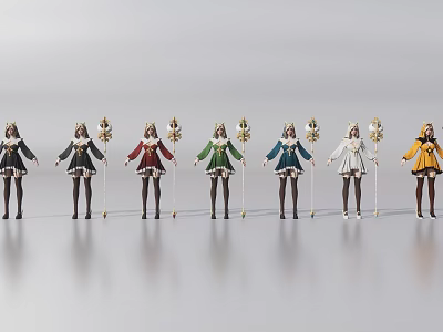 Female Figurines in Colorful Costumes Holding Staffs Standing in a Row 3d model