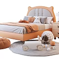 Kids Bed With Upholstered Headboard Plush Pillows Wooden Nightstand And Playful Toys