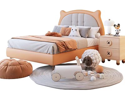 Kids Bed With Upholstered Headboard Plush Pillows Wooden Nightstand And Playful Toys 3d model