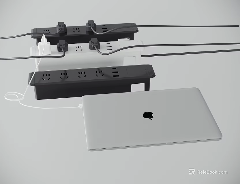 White MacBook Laptop Connected to Power Strip with Multiple Plugs and Cables 3d model 