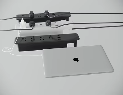 White MacBook Laptop Connected to Power Strip with Multiple Plugs and Cables 3d model