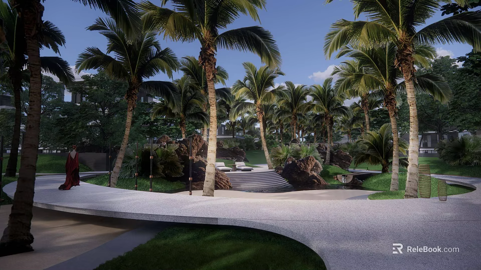 Tropical Modern Residential Landscape with Palm Trees White Stone Walkway Greenery and Rock Decorations 3d model 