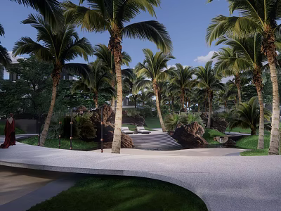Tropical Modern Residential Landscape with Palm Trees White Stone Walkway Greenery and Rock Decorations 3d model