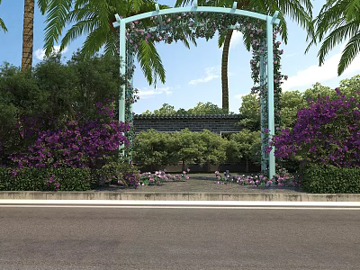 Garden Pergola Adorned With Purple Climbing Flowers Surrounded by Palm Trees and Green Shrubs 3d model