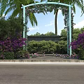 Garden Pergola Adorned With Purple Climbing Flowers Surrounded by Palm Trees and Green Shrubs