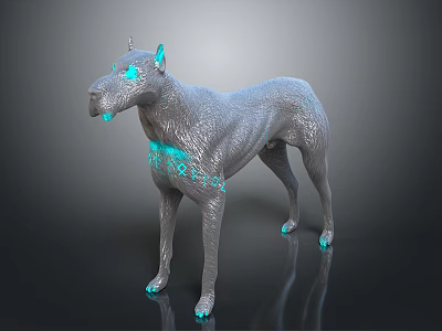 3D Dog Character With Gray Body And Blue Glowing Ears Eyes Nose Paws 3d model