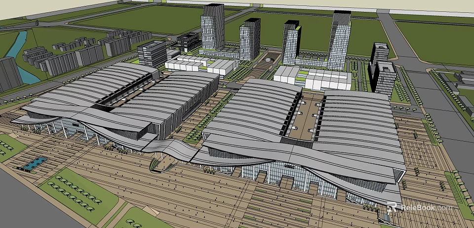 Modern Urban Architecture Complex Featuring Multiple Buildings With Contemporary Roof Structures And Green Spaces 3d model 