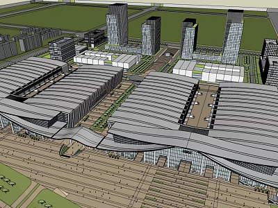 Modern Urban Architecture Complex Featuring Multiple Buildings With Contemporary Roof Structures And Green Spaces 3d model