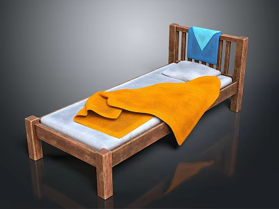 Simple Wooden Bed With White Mattress Orange Blanket And Blue Towel 3d model