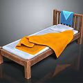 Simple Wooden Bed With White Mattress Orange Blanket And Blue Towel