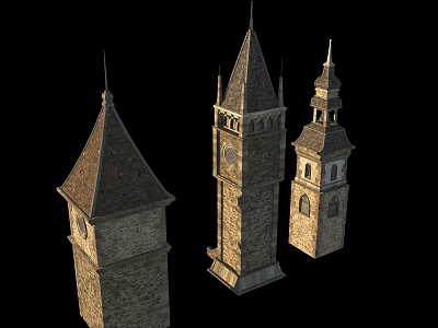 Historic Ancient Architecture Stone Towers With Pointed Spires And Clock Details 3d model