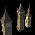 Historic Ancient Architecture Stone Towers With Pointed Spires And Clock Details