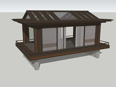 Modern Japanese Style House With Sloped Roof Glass Sliding Doors And Wooden Terrace 3d model
