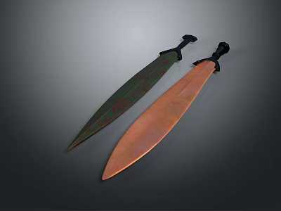 Two Ancient Swords Green Rusted And Copper Colored Displayed Side By Side On Gray Background 3d model