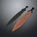 Two Ancient Swords Green Rusted And Copper Colored Displayed Side By Side On Gray Background