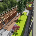 Garden Landscape Design Featuring Wooden Pergola With Screens Lawn And Stone Path