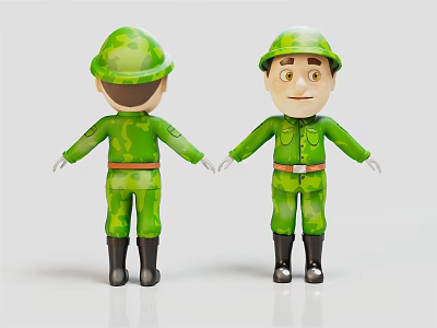 Cartoon Human Characters In Green Military Uniform With Camouflage And Black Boots Front Back View 3d model