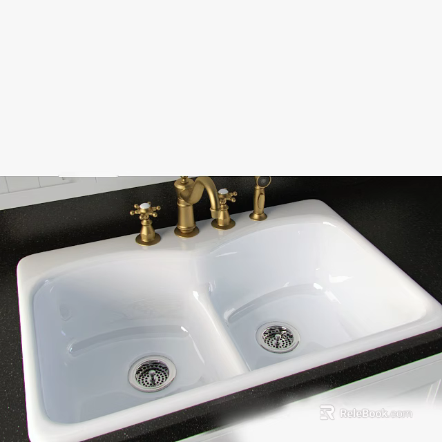 Double Bowl White Sink with Gold Faucet and Black Countertop 3d model 