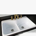 Double Bowl White Sink with Gold Faucet and Black Countertop